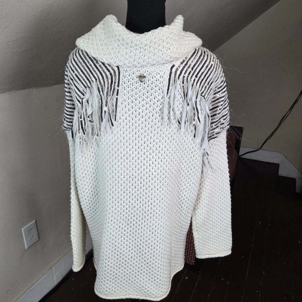 NWT Twinset‎ Milano Fringe Knit Sweater M Ivory Chunky Cable Knit Cowl Neck